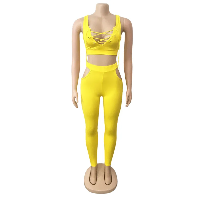 

2021 Women's Summer Hot Sale Lace-Up Fashion Sexy Sleeveless Vest Slim Solid Color Sports Casual Straight Hollow Two-Piece Party