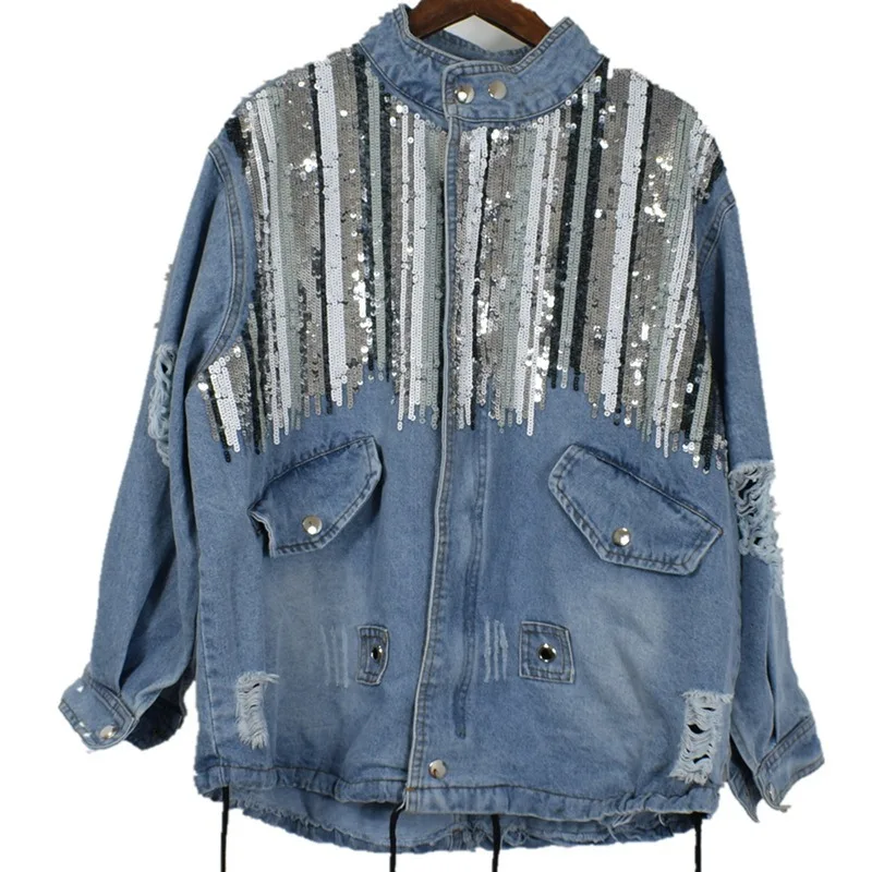 

Popular Brand WOMEN'S Jacket 2020 Spring New Style Industrial Sequin Stripes Contrast Color Mid-length Coat Women's Streetwear
