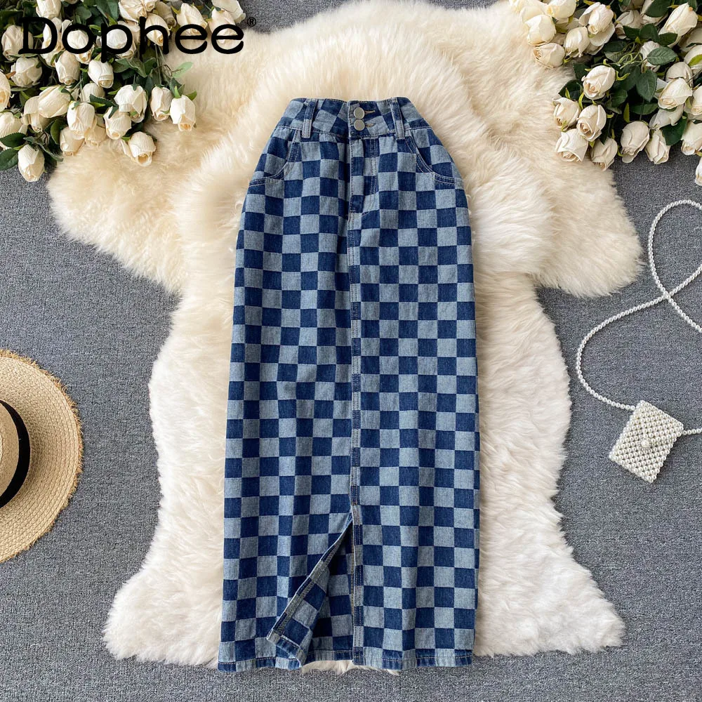 

Chic High Waist Denim Skirt for Women 2021 Spring and Autumn French Style Retro All-match Irregular Slit Plaid Midi Jean Faldas
