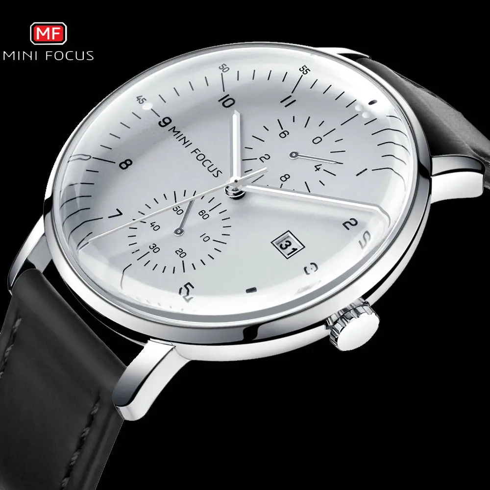 Мужские кварцевые часы с ремешком из натуральной кожи и отображением даты |