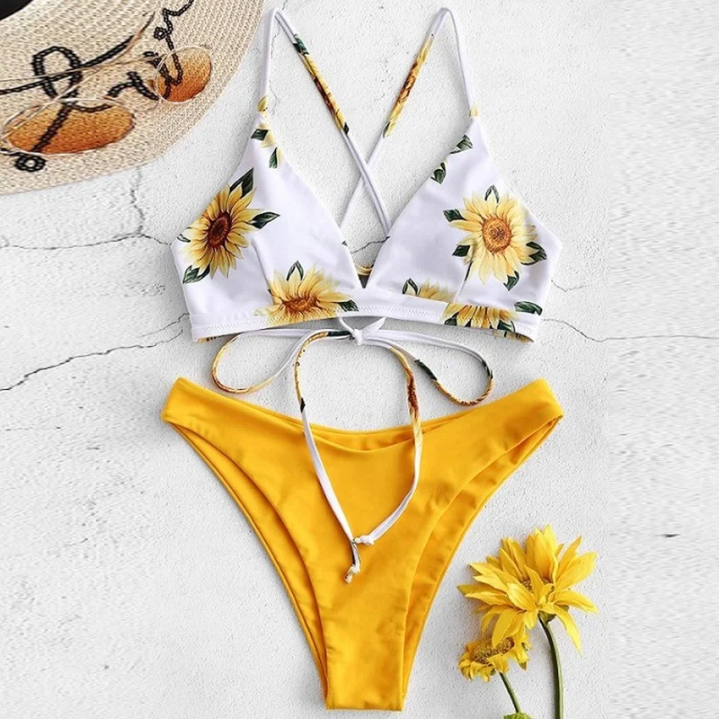 

Floral Mid-Waist Bikini Sets Swimsuit Women Sexy V-neck Lace Up Two Pieces Swimwear 2021 Beach Bathing Suits Brazilian Biquini
