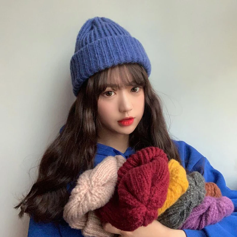 

Soft Knitted Hat Women Beanie Winter Spring Solid Color Caps Lady Girls Knitting Muts