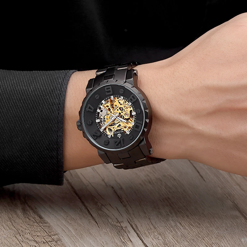 Часы скелетоны Orkina Мужские механические роскошные золотистые наручные