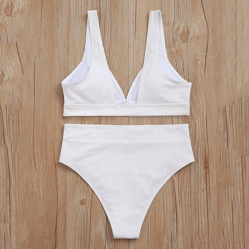 

Sexy solid ribbed bikinis 2021 mujer High waist swimsuit women V neck swimwear female Sport bathing suit Stripe biquini