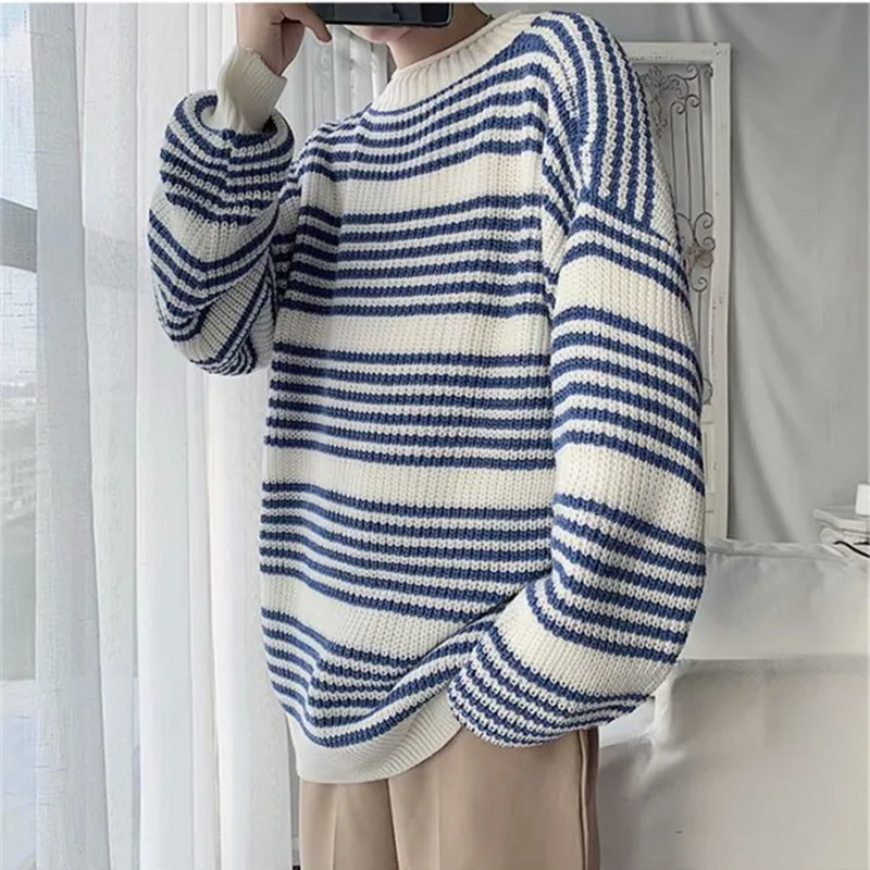 

Striped Sweater Men Crewneck Sweater Fashion Tops Men Clothes Autumn Winter 2021 Oversized Sweater Men Thin Wool Swaeters