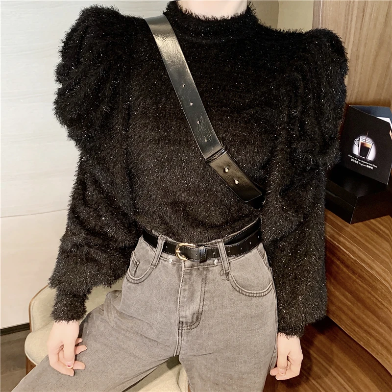 Jersey Mujer 2020 Autumn Fashion Women Black Puff Long Sleeve Loose Bright Silk Mohair Sweater Purple Knitted Pullover Sweaters | Женская