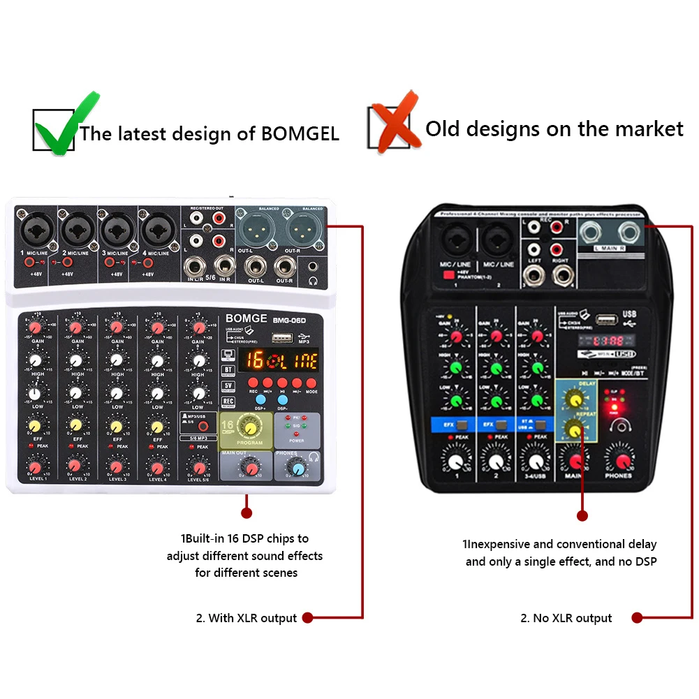 BMG-06D Wireless 6 Channels Sound Mixing Console 16DSP Bluetooth-compatible Audio Mixer Headphone Monitor Interface USB DJ Mixer enlarge