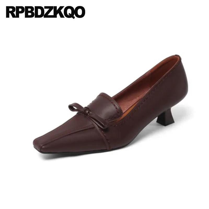 

Size 33 Bow Pumps Black Kitten Square Toe Office Shoes Women Formal Brown Medium Heels Thin Ladies Genuine Leather High Elegant
