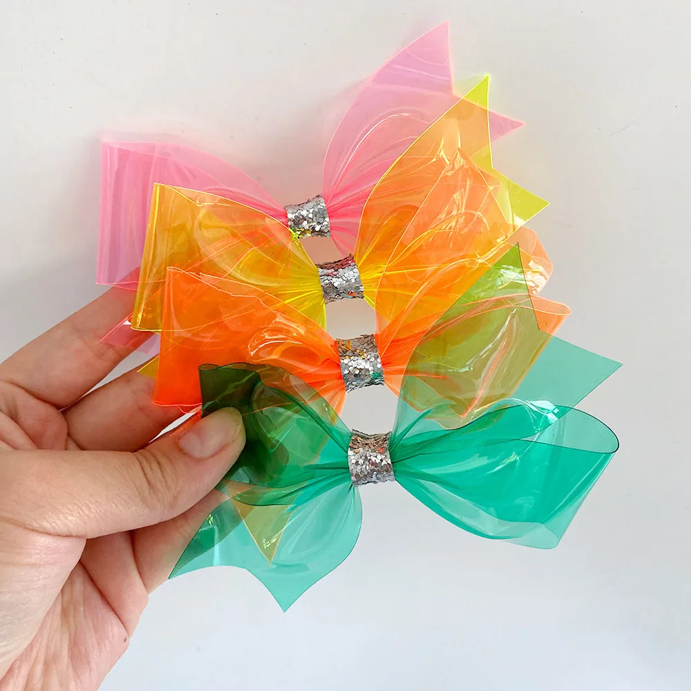 

ncmama 2pcs/lot PVC Hairbows Hairclips Mini Bow With Clips Glossy Bows Knotted Waterproof Hairbow Girls Kids Summer Headwear