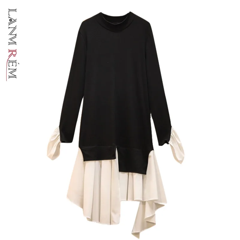 

LANMREM black women's clothing 2022 Spring new asymmetric Korean style slim knitted fake two-piece dresses 2A996