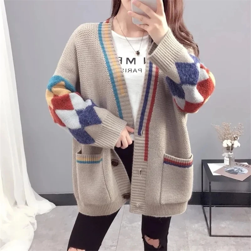 

Cardigan Women Sweater Jacket Spring Autumn New Printed V-neck Long Sleeve Single-breasted Loose Fashion Commuter Top Female 176