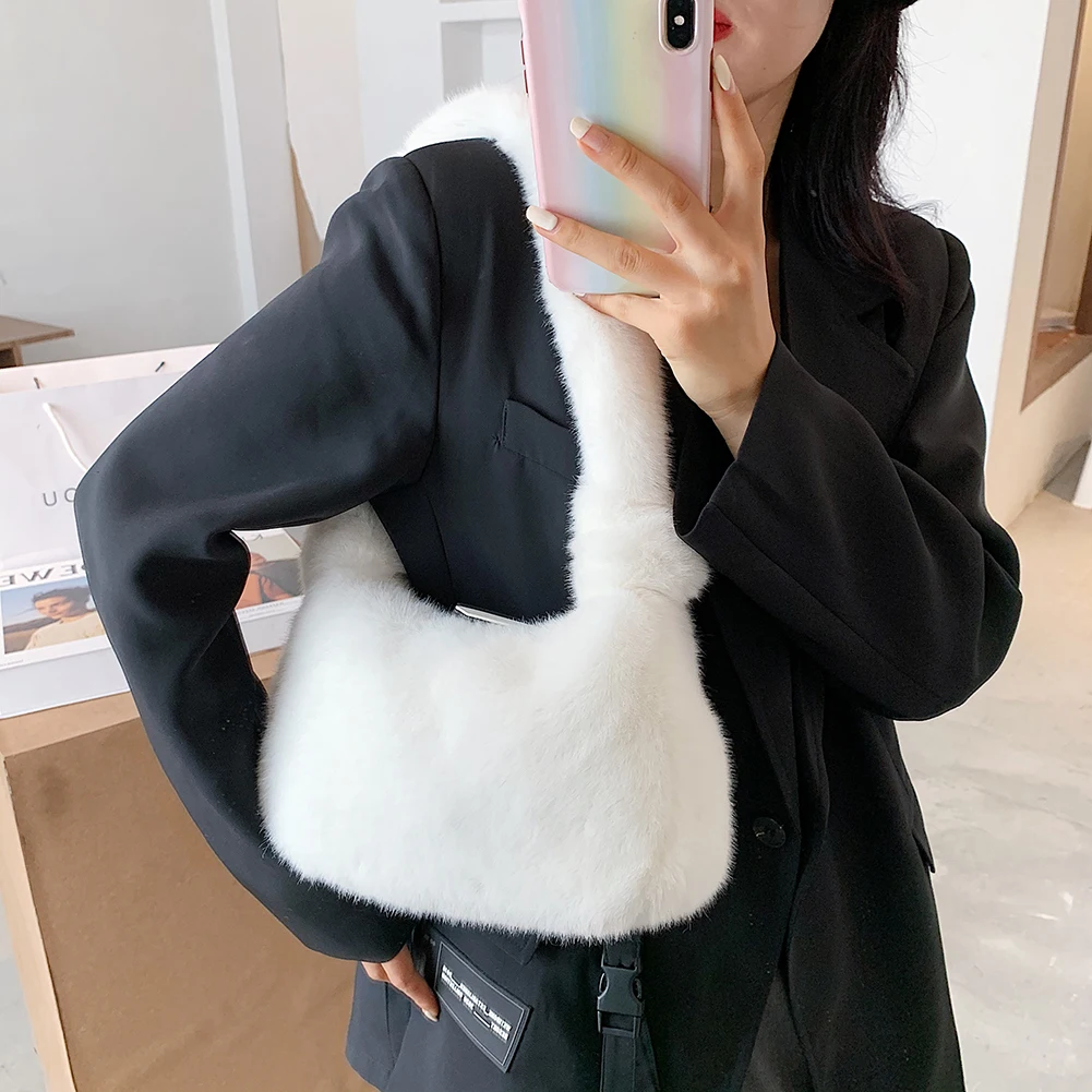 

Женская сумка, однотонная сумка через плечо, плюшевая мягкая осенне-зимняя модная пушистая Сумка-тоут, женская сумка для путешествий, модна...