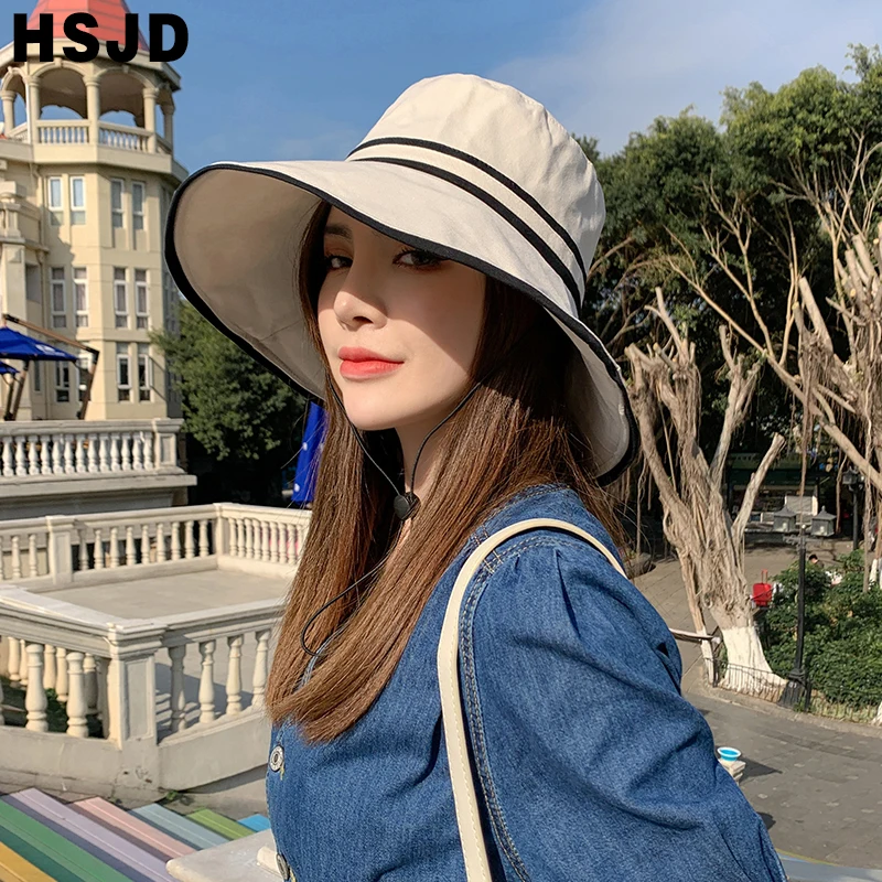 Black Line Wide Brim Summer Sun Hats For Women Foldable Bucket Hat Anti-UV Beach Caps Fashion Female Holidays Visor Cap Bonnet