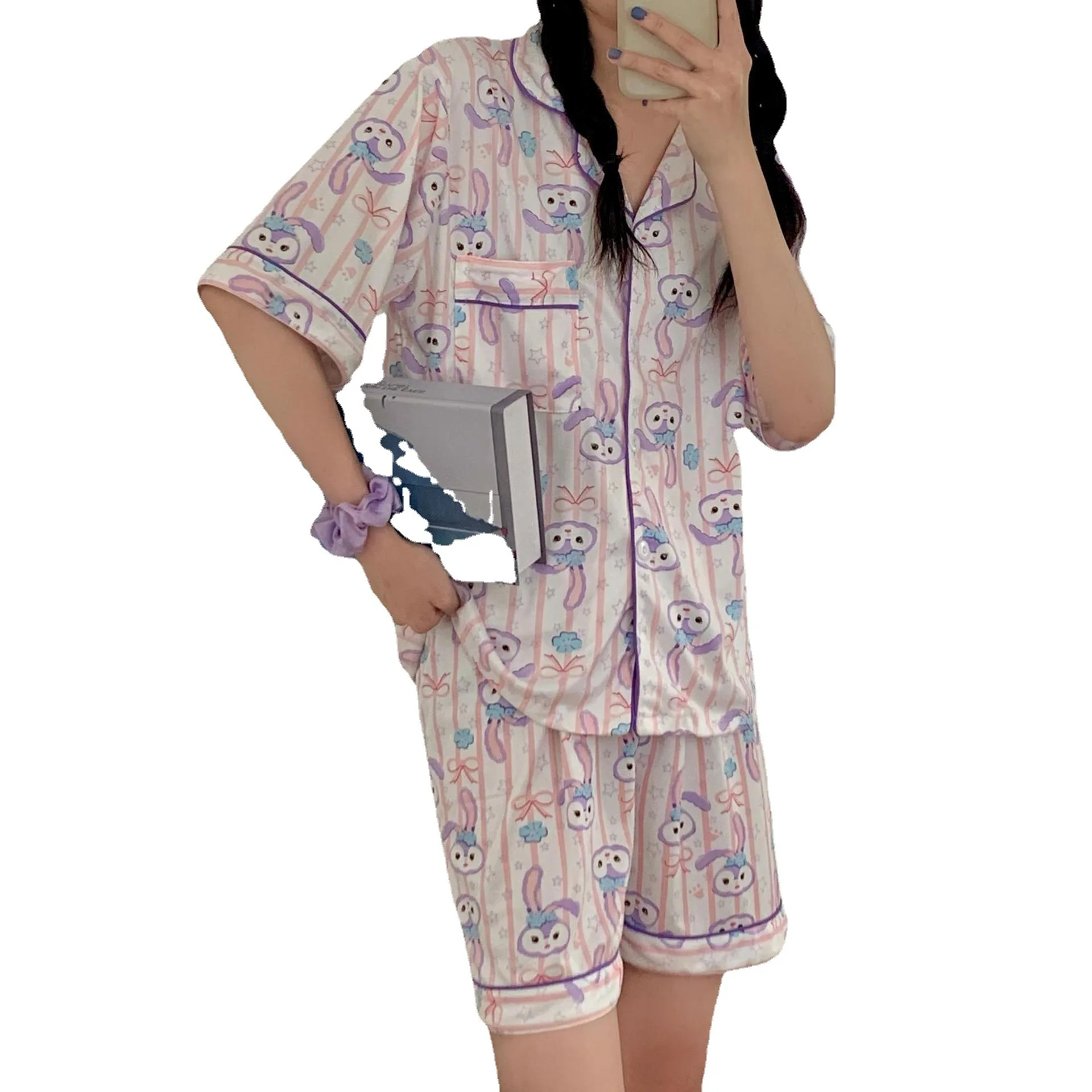 

Summer Silk Pajamas Women's Short-sleeved Shorts Two-piece Printed Cardigan Casual Loose Home Clothes Ladies Sexy Lapel Pajamas