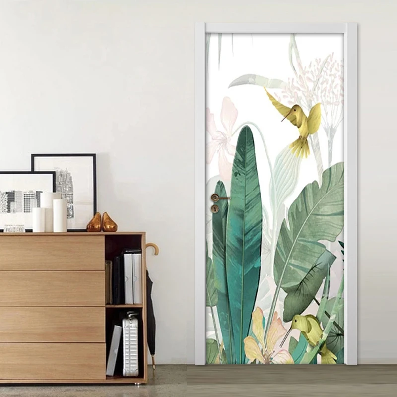 Banana Leaf Flower Bird Door Sticker Mural Waterproof Wallpapers For Living Room Bedroom Home Decoration Photo Wallpaper | Обустройство