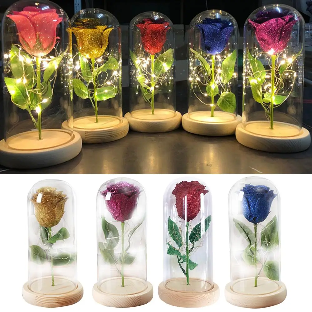 

Artificial Eternal Rose LED Light Floral Decor Romantic Rose Flower NEW Year Wooden Base Beauty Christmas Gift Eternal Flower