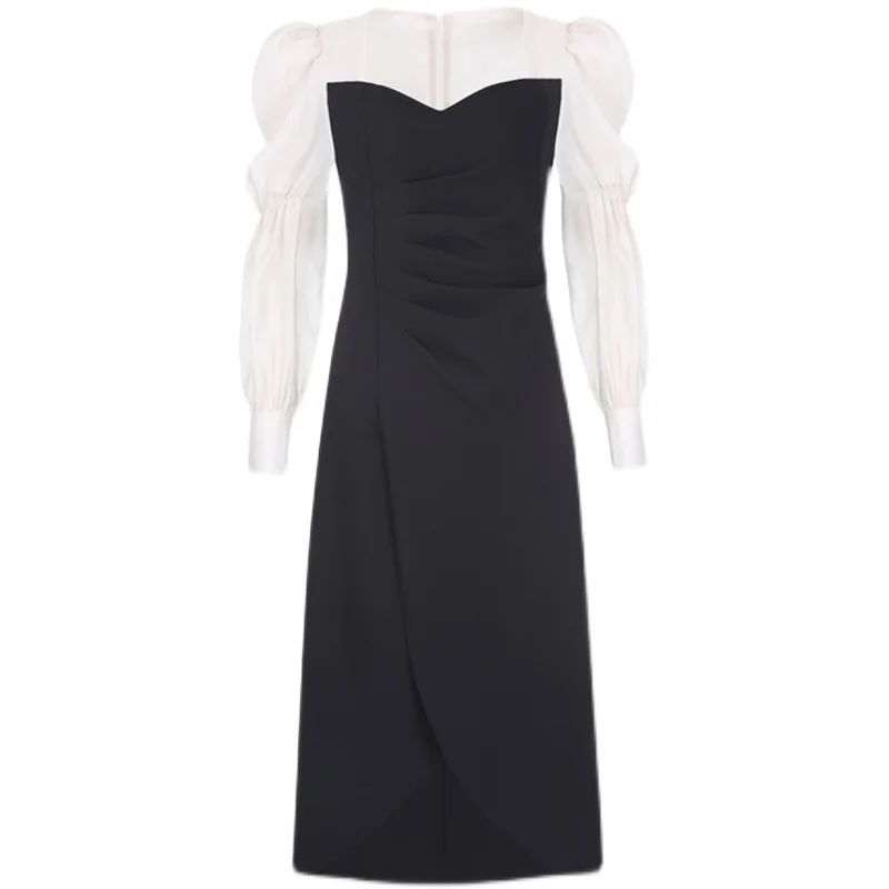 

Sister Fara New Spring 2021 Square Collar Dress Women Puff Sleeve Patchwork Ankle-Length Draped Chic Dress Female