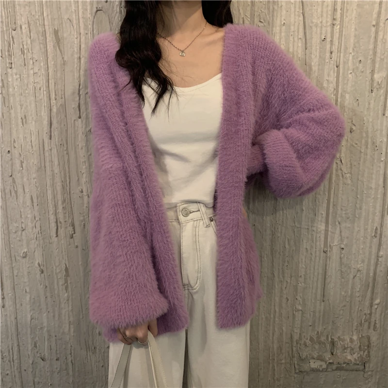 

2021 Cardigan Women Sweater Winter Chic V-Neck Long Sleeve Mohair Sweater Coat Jumper Casual Knit Poncho Top Y566