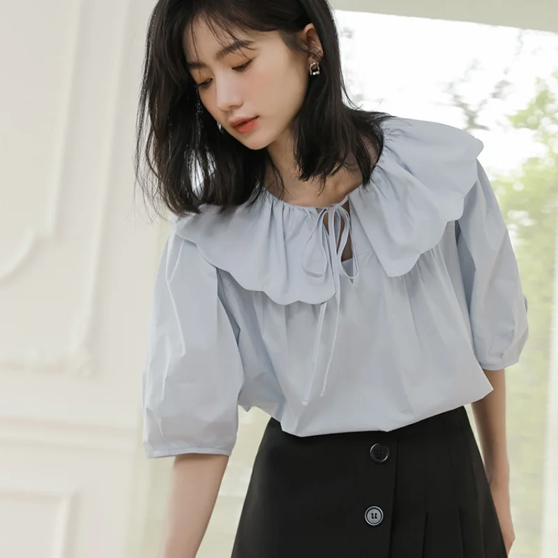 

Casual Ruffled Collar Short Sleeves Women Blouse Summer Chic Lace Up Loose Cotton Blouse Holiday Style Female Fashion Top