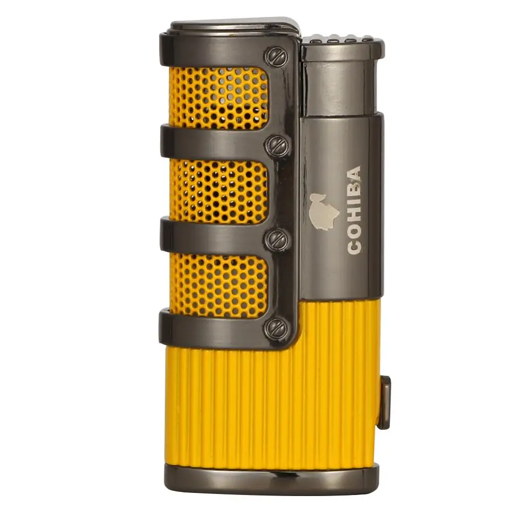 COHIBA зажигалка для сигар бутан 3 фонарь струйная зажигалка с резак для сигар удар аксессуары ветрозащитный прикуриватель подарочная коробка - Цвет: Yellow