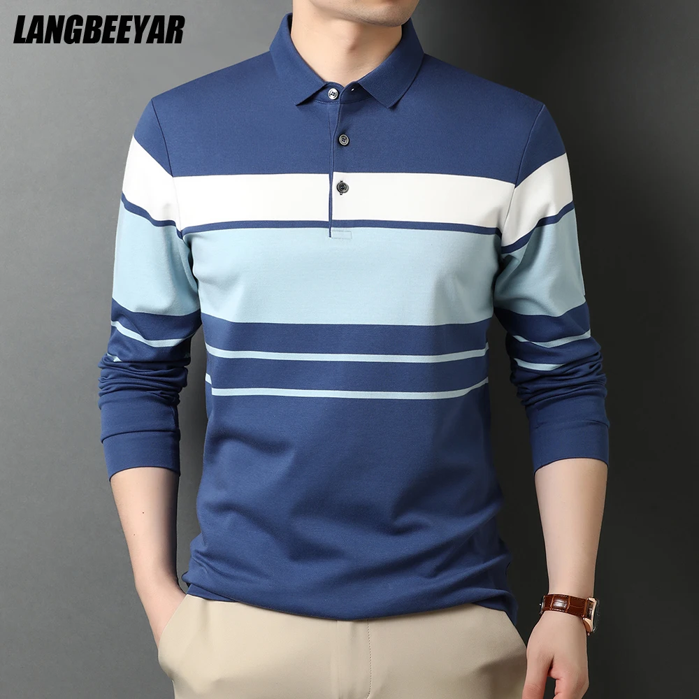 

Top Quality New Fashion Designer Brand Striped Plain Mens Long Sleeve Polo Shirt Casual Turn Down Collar Tops Mens Clothing 2021