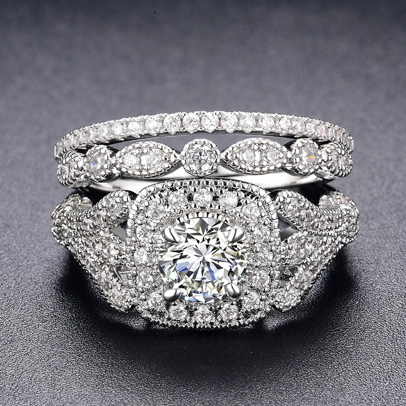 Женский набор обручальных колец MDEAN белое золото прозрачный фианит AAA модное