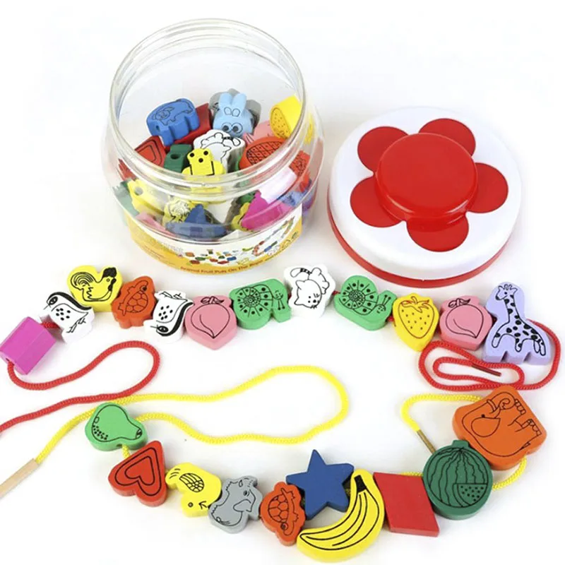 

60pcs/set Baby Beaded Toy Wooden Animal Fruit Block Early Educational Stringing Toys Lacing Bead Montessori Wooden Toys For Kids