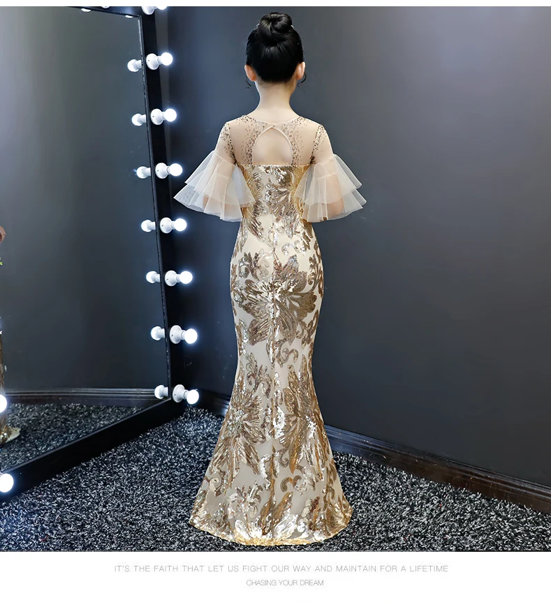 Детское вечернее платье с блестками облегающее золотистое Русалка для девочек