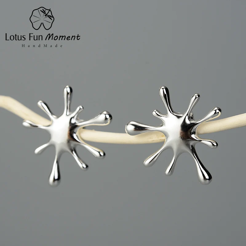 Lotus весело момент Настоящее серебро 925 проба Натуральный ручной работы дизайнер ювелирные украшения брызг металла серьги гвоздики для женщин - Окраска металла: silver