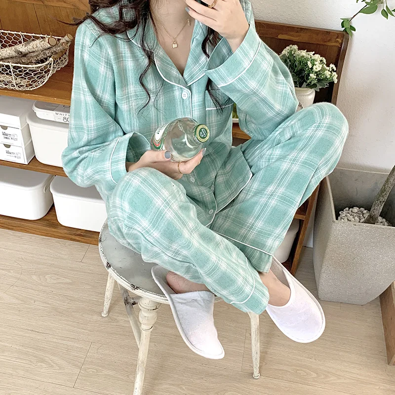 

Plaid Print Green Autumn Home Suit Women Single Breasted Shirts + Trousers Set Two Piece Pajamas Set Vintage Harajuku Sleepwear