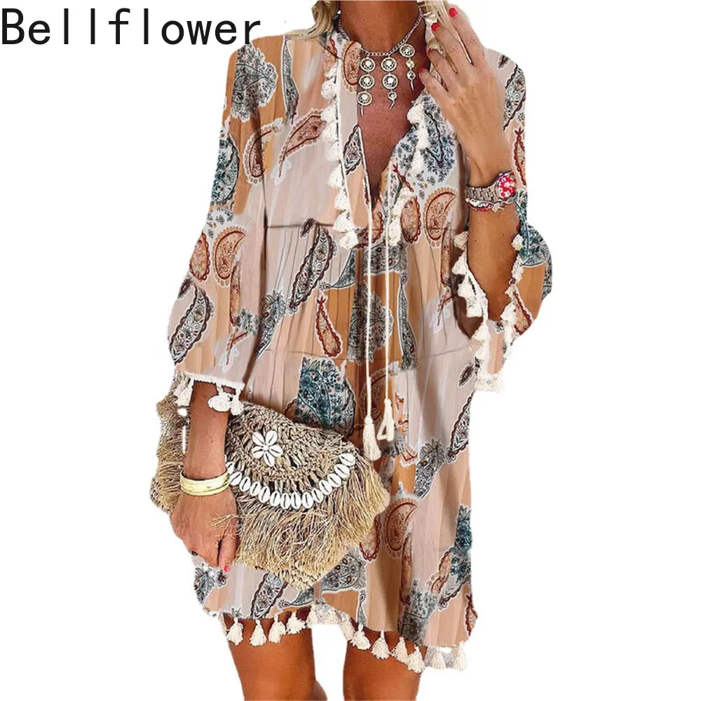 

2021 Summer Floral Print Loose Party Dresses Women Tassel Beach Style V-Neck Vintage Three Quarter Vestidos Mujer Bandage Dress