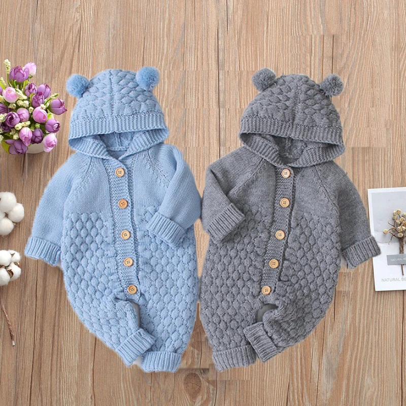 

Комбинезоны для новорожденных мальчиков осень-зима популярная одежда для младенцев детский милый Вязаный комбинезон с меховым помпоном и ...