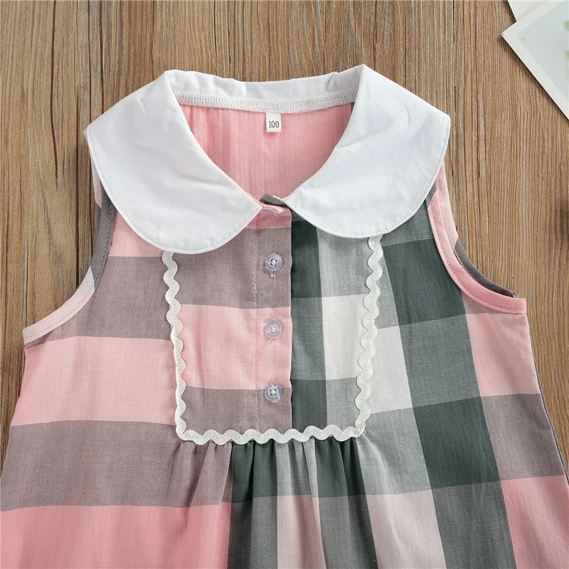 

2-7Years Baby Girls Cotton Dress,Summer Sweet Plaid Pattern Doll Collar Front Button Sleeveless Princess Skirt for Little Girls