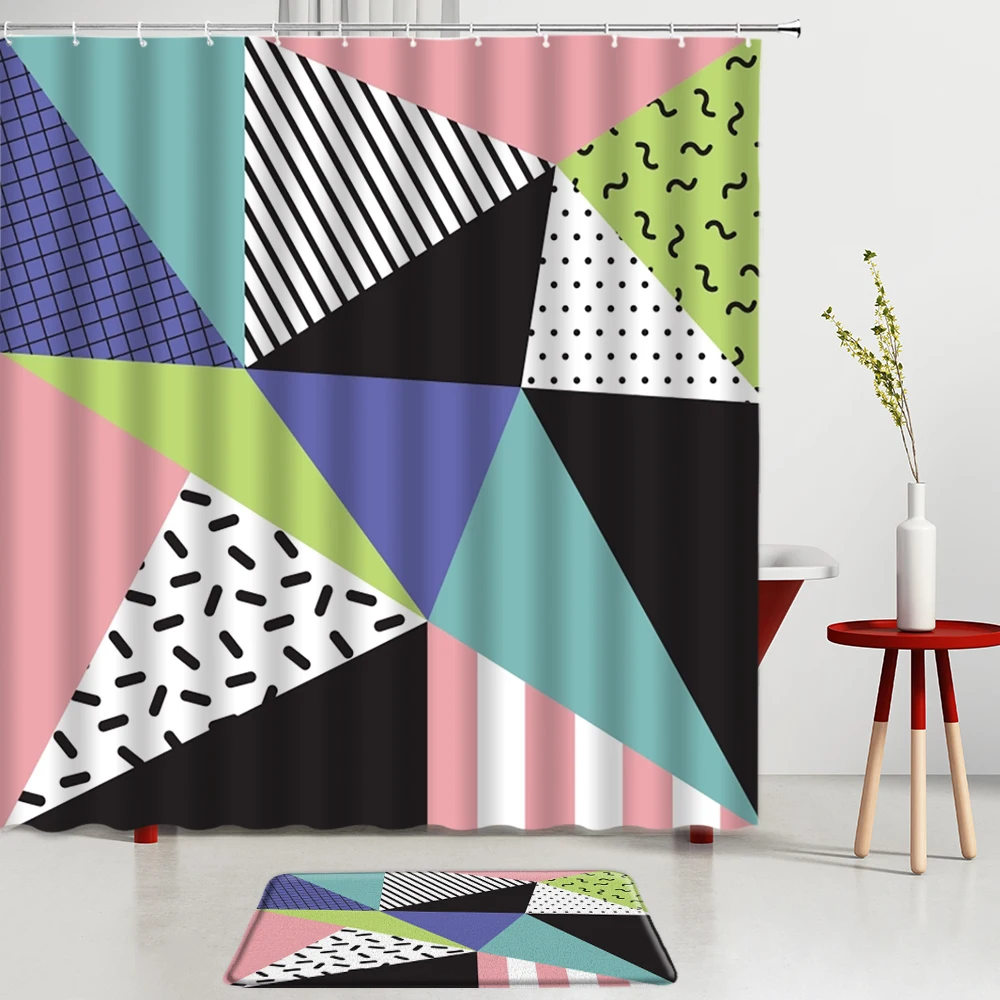 Diamond Geometry Shower Curtain Set Color Triangle Bath Mat Screen Entrance Door Mats Bathroom Rug Room Decoration Carpet | Дом и сад
