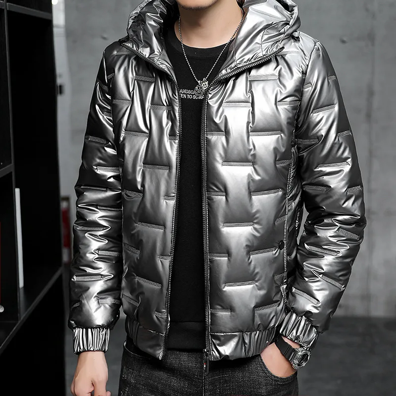 Men's Winter Jacket 2021 Men's Bright Face Down Cotton Coat Male Coat New Coat Loose Hooded Thickened for Warmth Men's Jacket