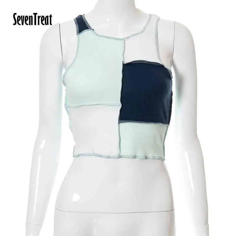 

Patchwork Women Tank Top O Neck Clothing Female Sexy Streetwear Summer Off Shoulder Crop Top for Girls 2021 New Fashion