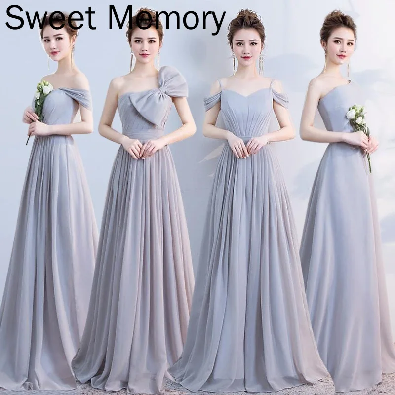 

Elegant Women One Shoulder Silver Grey Evening Dresses Gray Floor Length Chiffon Prom Dress C194142
