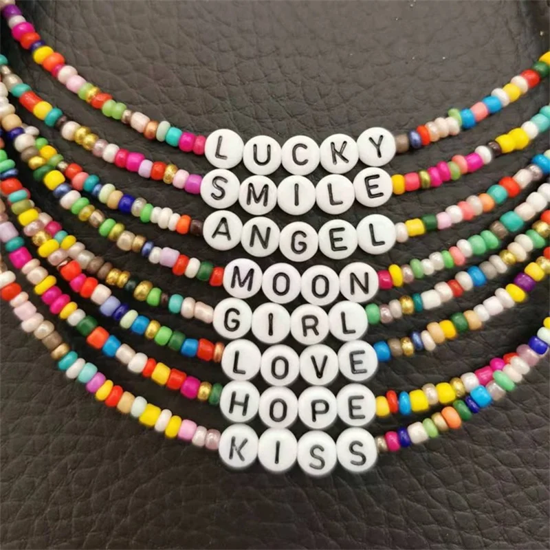 

Fashion Bohemia Handmade Diy Rice Bead Necklace Letter Lucky Love Angel Choker Clavicular Chain Colorful Female Beach Jewelry