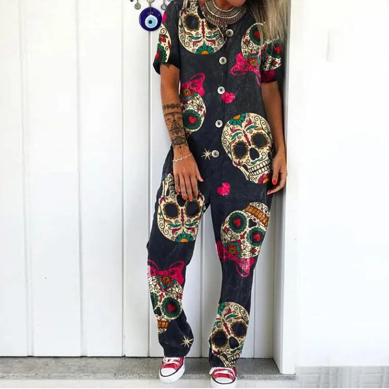 2021 new European and American fashion printed skull jumpsuit cargo pants women