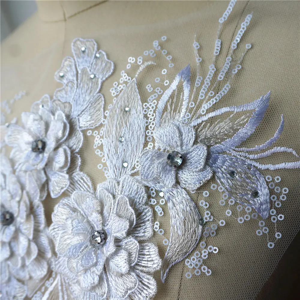 Белые 3D Цветочные Блестки Стразы вышитые платья аппликации воротник сетчатые