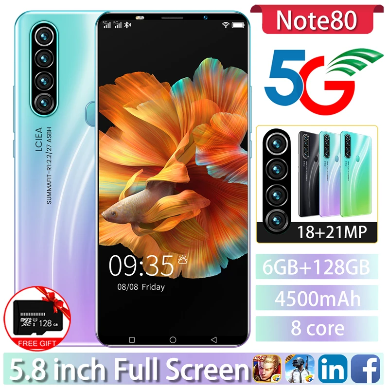Смартфон Note 80 2022 дюйма 5 8 мАч 6 + 4500 Гб 18 21 Мп | Мобильные телефоны и аксессуары