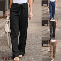 new fashion comfort loose pants women casual solid color high waist belt pocket wide leg long straight pants trousers streetwear