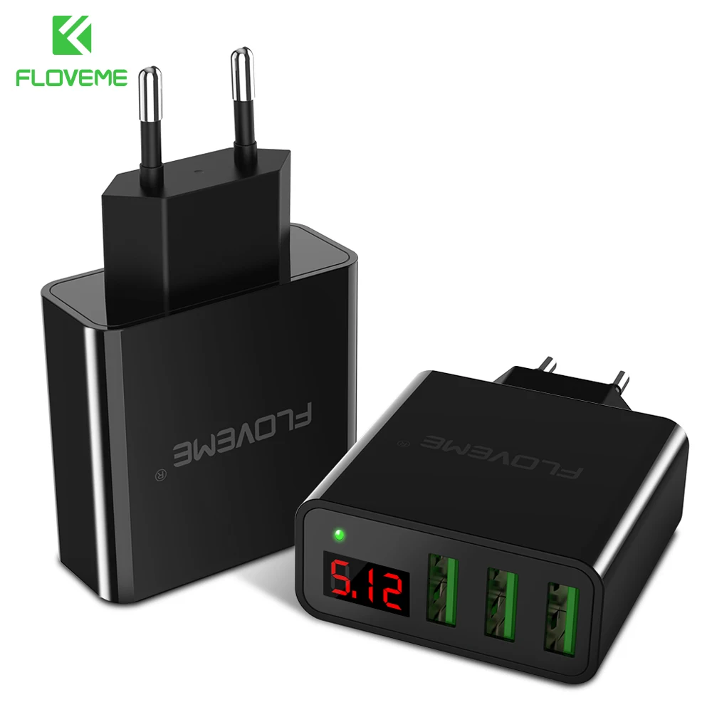 FLOVEME цифровой дисплей 3 порта USB зарядное устройство штепсельная вилка