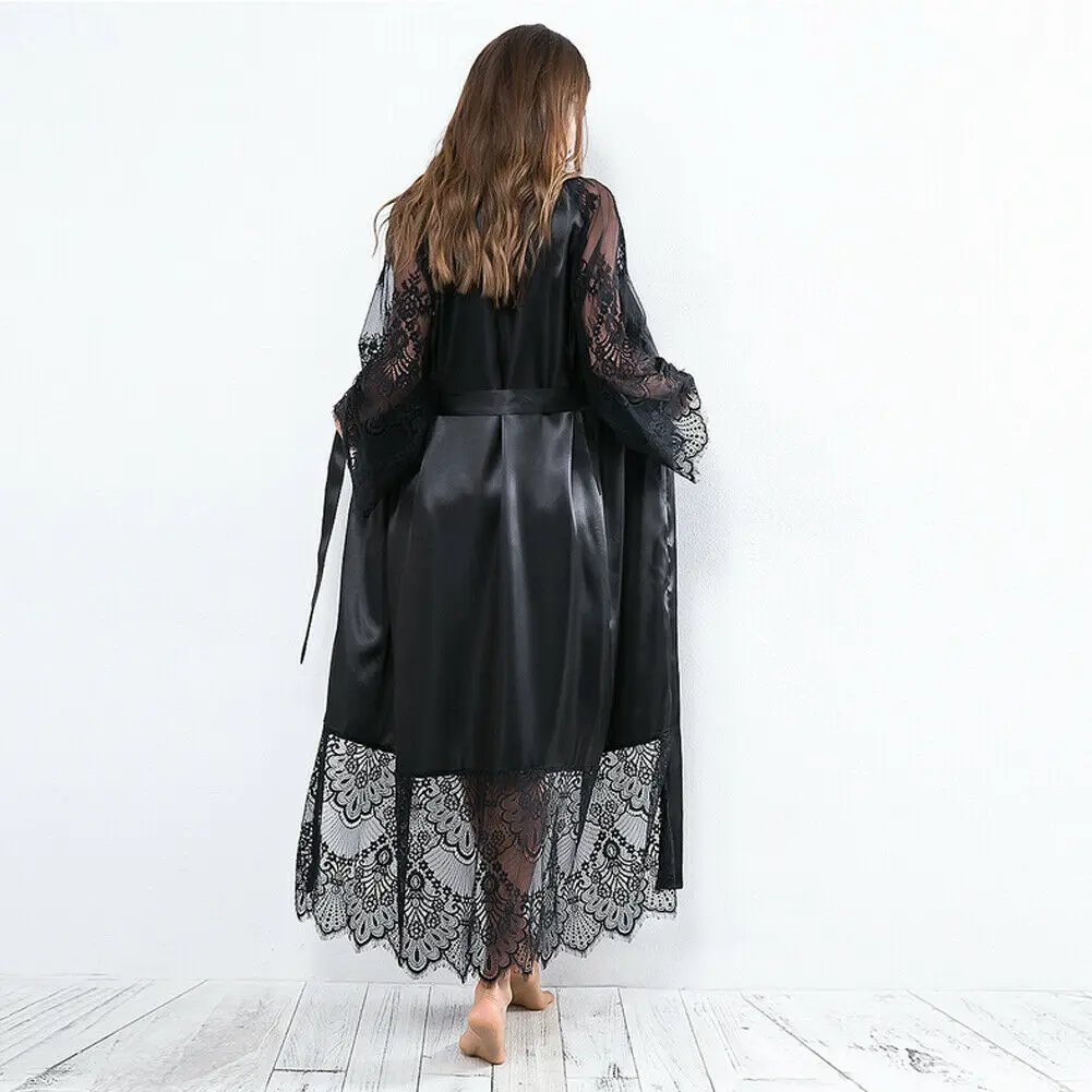 Women Bathrobe Sleepwear Lace Satin Lingerie Long Sleeve Babydoll Nightie Robes Sleep for Woman Kimono Dresses Plus Size | Женская