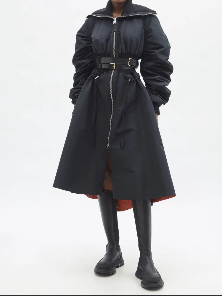 

Women Knitted Screw Threads Spliced Long Trench Fashion Collect Waist Zipper Trench Coat