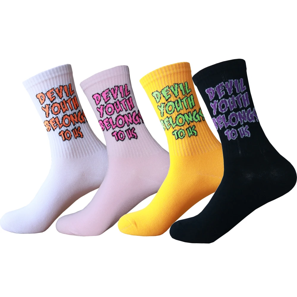 Four Color Cotton Girl Socks Couple Street Hip-hop Skateboard Socks Cool Slogan Personality Design Sweat Sock