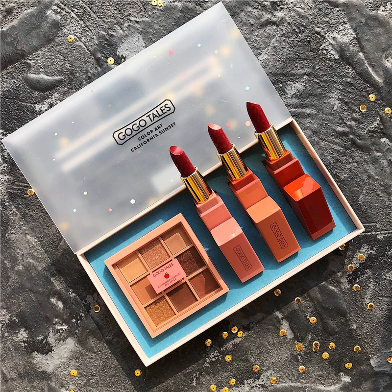 Набор для макияжа мерцающие матовые блестящие тени век палитра + помада с