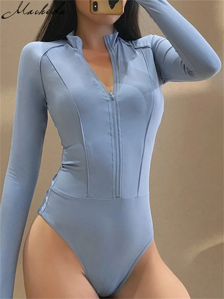 

Женское боди с длинным рукавом Macheda, однотонное облегающее боди на молнии с высоким вырезом, y2k