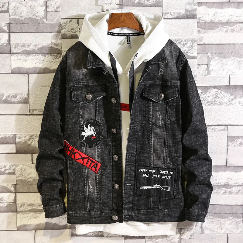 

Autumn Men's Slim-fit Denim Jacket Applique Distressed Decoration Long-sleeved Black Youth Male Denim Sweatshirt