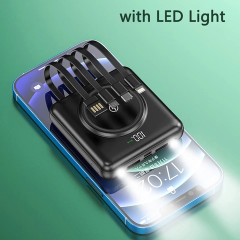 Компактный внешний аккумулятор 20000 мАч, беспроводное зарядное устройство Qi, внешний аккумулятор с кабелем для быстрой зарядки для iPhone 12 pro, X, Samsung S21, Xiaomi, внешний аккумулятор